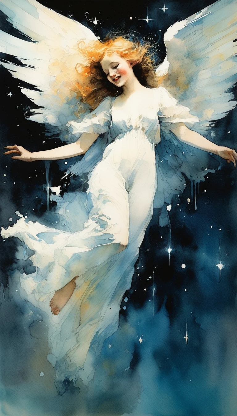 Watercolor,Angel  laughing, Magical fairy tale,, Deep space sky, style (Jeremy Mann, Louis Icart, Valentin Serov, makoto kobayashi, Karol Buck) 