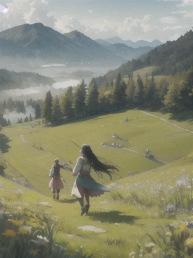 In a green meadow stands a girl with short dress leading a group of knights.
BREAK
With a brave expression, she guides them towards their destination.
BREAK
Behind her, a green forest stretches out and beyond that, mountains rise in the distance.
BREAK
The most suitable effect for this scene would be a watercolor painting technique to capture the softness of the meadow and the fluidity of the movement.
