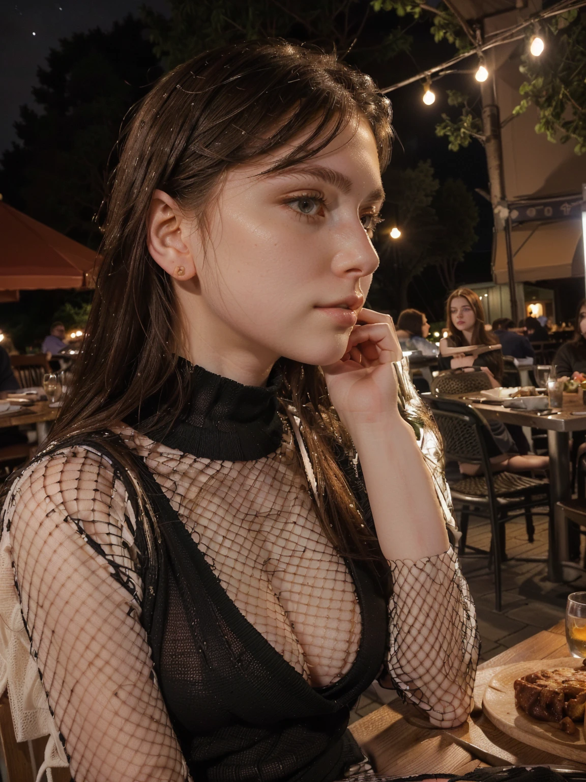 Raw photo, realistic,girl,mediterrean girl,age 22, full body,pale skin, body, beautiful face, detailed face,black fishnet sweater dress,big breasts, upper body, sitting, cowboy shot, outdoor, night, restaurant, ((looking at viewer:1.4)),((face towards me)), from below,side profile