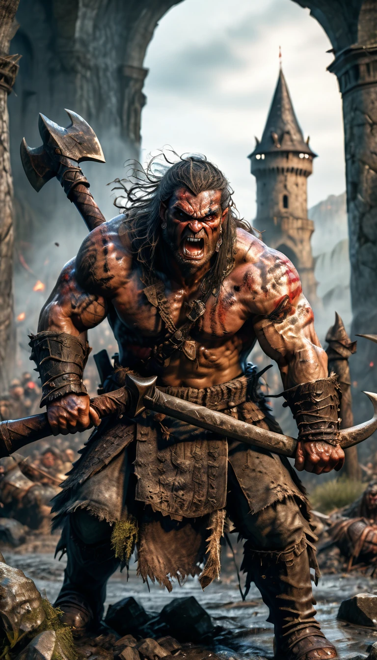 a battle-worn barbarian warrior, battle mimic, (realistic,photorealistic,photo-realistic:1.37),ultra-detailed,(best quality,4k,8k,highres,masterpiece:1.2),extremely detailed face and eyes,muscular body, holding a massive battle-worn axe, snarling fierce expression, fantasy medieval battlefield, ruined stone castle in background, dramatic dynamic lighting, moody dark color palette, cinematic composition