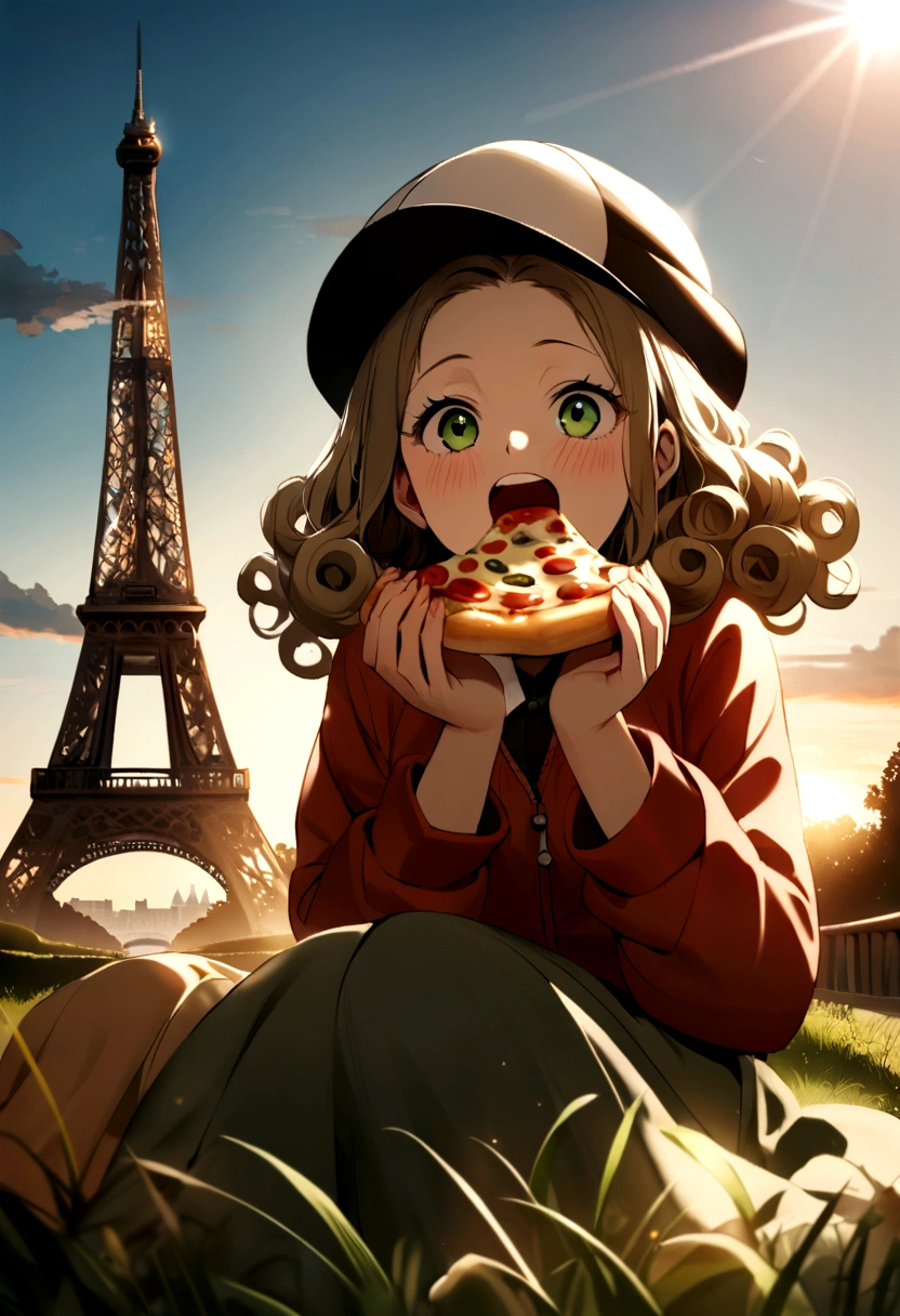 A natural photo of an 18 year old Latin girl with curly hair wearing a one piece hat sitting on the grass eating pizza with the Eifel tower in the background and beautiful green eyes, make it a very natural photo, The girl is laughing out loud while her mouth is full of food