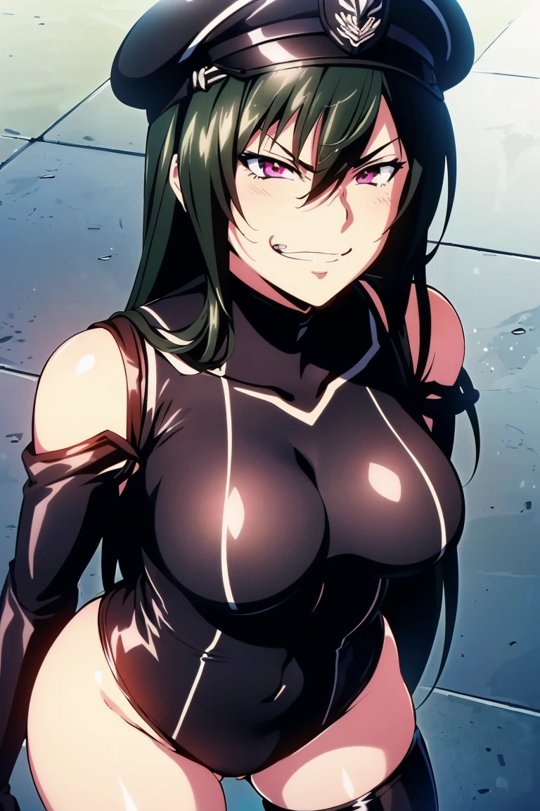 teenage girl, 16 years old, (((grinning lasciviously))),  anime girl, (((nefarious smirk))), [[[[grinning evily]]]], beautiful, masterpiece, ultra detailed, extremely detailed, ultra high res, 8k, beautiful detailed face, anime screencap, heart shaped face woman, (black hair:1.2), long hair, hair between eyes, large breasts, fearless face, sharp face, slant eyes, cat eyes, 170cm tall, adult, perfect proportion, (((black high-leg leotard))), (((dare shoulder))), cleavage, (((thigh boots))), choker, (((military cap))), anime style, ultra detailed beautiful face and eyes, front view, raw phot, incredibly absurdres, Beautiful portrait of cute anime girls, super fine illustration, full-hd, hdr, best aesthetic, distinct, exquisite, masterwork, by famous artist, highers, (((perfect ))), mocking, ((( face))), (((evil grin))), intense eyes, sadistic, gleaming skin, oil skin, slut face, full-face blush, smirking, mischievous grin, furrowed mouth, both legs, pouty lips, downturned corners, rosy hue, grin widely, cheeky smirk, (((bad-tempered glare))), gloating, crazy smile, scary face, cruel smile, fang, connected teeth,, (((elbow gloves))), (((big connected teeth)), glare, grimace, smirk, (((scowling face))), smile broadly, symmetrical eyes, even eyes, perfect eyes, (((squinting eyes))), deep detailed eyes, shiny clothes, 1girl, solo, smug, smile grimly, (((dimpled smile))), pink eyes, (((upper body shot))), (((laugh))), (((pleasure face))), (((brutality face))), (((scary face))), (((empty eyes))), anime best girl, [[[[grinning evily]]]], anime moe artstyle, looking at viewer,　standing,　clenched teeth,　turtleneck, breast hold,　from above, leaning forward, depth of field,　shiny clothes, covered collarbone, adult face, perfect hands, perfect fingers, perfect face, cowboy shot, collarbone wear, 