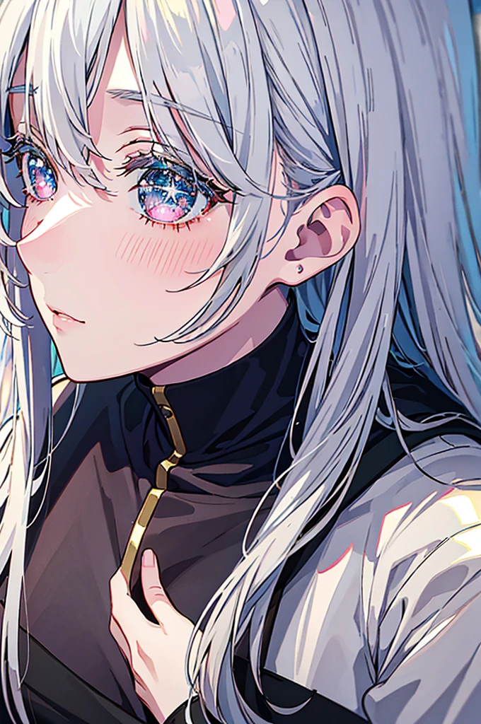 1.5, best quality, high quality, High definition, High quality texture, high detail, beautiful detailed, finely detailed, extremely detailed cg, detailed texture, ((ANIME)), 1girl, woman, female, ((casual)), loose clothes, light grey hair, long hair, sparkling eyes, kind, beautiful, confident, close up, portrait