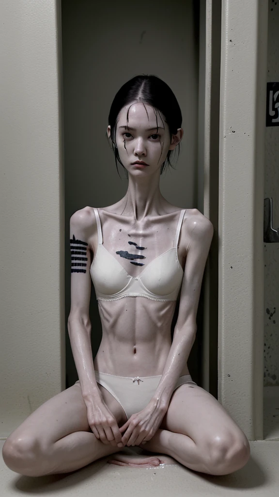 a woman sit barefoot in a prison cell, very thin body, body visible bones, very slender, sweaty wet body, pale white skin, , ,tatto, full body, has a mental breakdown