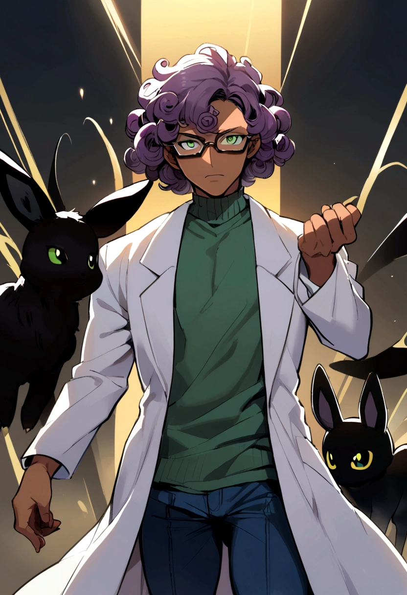 1man, 20s, strong body, latin, chin stubble, square face, tan skin, ((purple curly fluffy hair)), medium lenght hair, ((green eyes)), cool facial expression, (nice hands),  (grey turtleneck), lab coat, spectacles, jeans, sandals [pose with body turned in profile looking at viewer], determined facial expression, simple backgroun, accompanied by an Umbreon