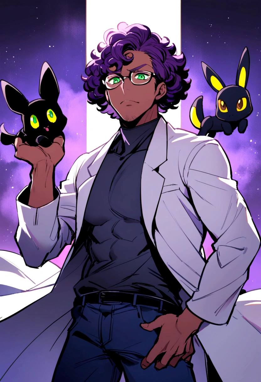1man, 20s, strong body, latin, chin stubble, square face, tan skin, ((purple curly fluffy hair)), medium lenght hair, ((green eyes)), cool facial expression, (nice hands),  (grey turtleneck), lab coat, spectacles, jeans, sandals [pose with body turned in profile looking at viewer], determined facial expression, simple backgroun, accompanied by an Umbreon