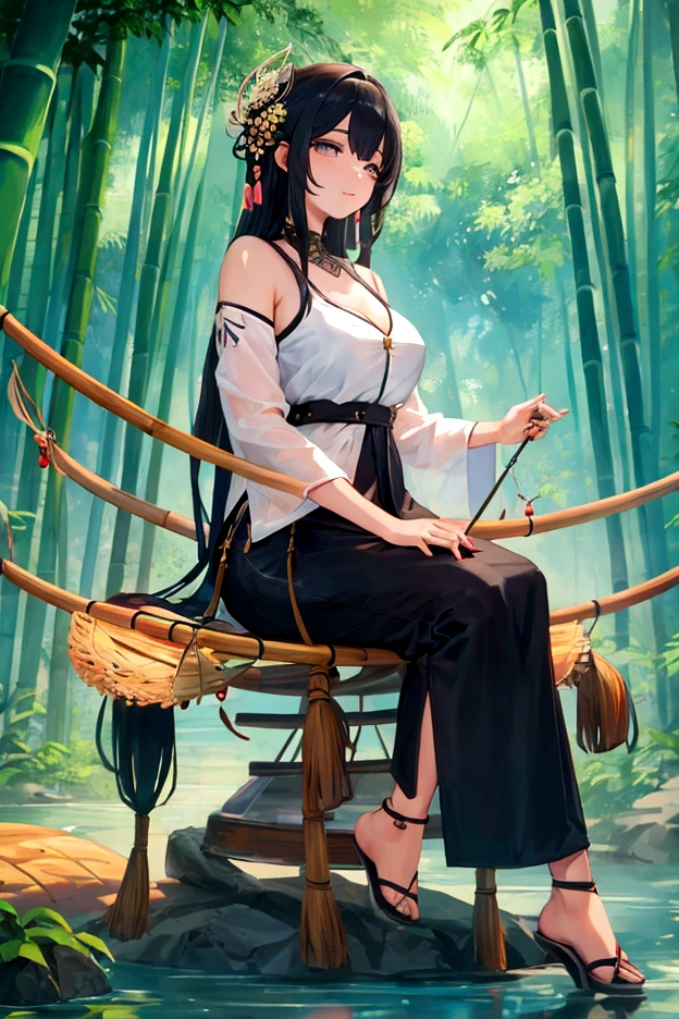Beautiful woman sitting on bamboo and fishing,