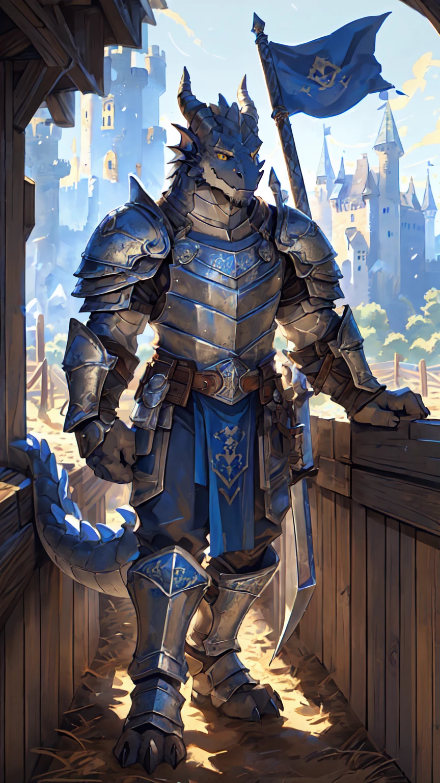 ((middle Ages:1.6，Castle Background:1.4))，((Cruz:1.6))，Sunlight，high resolution，4K，gay，(((whole body:1.1，sideways:1.3)))，masterpiece，high quality，Calm and composed，((dragon))，male，dragonFurry，(teenager:1.3)，hairy，((stable，Handsome face:1.4))，((peaceful))，((Holding a long sword:1.2))，(((Strong:1.4，Long legs:1.3，Thick dragon tail:1.2)))，(((Gray heads:1.2，Golden pupils:1.2，White Neck:1.3，Gray back of hands:1.4，White Skin:1.3)))，(((White Armor:1.3，There is a blue flag on the armor:1.4)))，Mature face，Exquisite eyes，Detailed body，Detailed hands，Detailed feet，Kenket&#39;s Art，Strike a pose:1.3