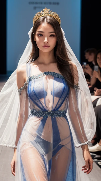 Girl walking down the runway at a fashion show, thigh, (See-through long dress:1.9), Off the shoulder,  (High resolution:1.3), (16K, Realistic, RAW Photos, Best image quality: 1.4), Japanese, (One Girl), Beautiful Face, (A vivid face), Beautiful hairstyle, Realistic eyes, Beautiful and detailed, (Realistic Skin), Beautiful skins, charm, 超High resolution, Surreal, High detail, Golden Ratio, Highly detailed cute girl,(20-year-old), Audience