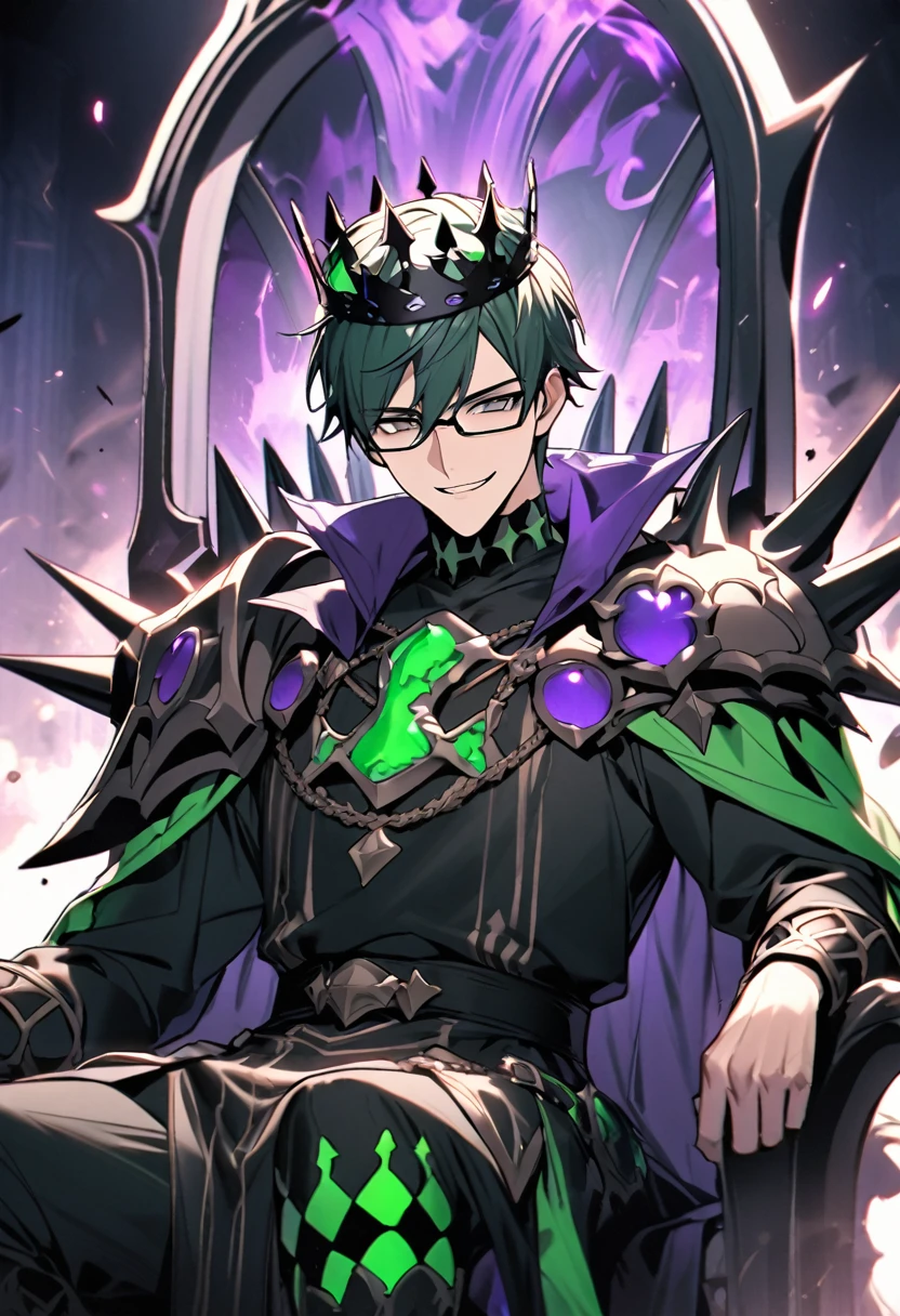 A man wearing glasses smiles mischievously. There was a black bone crown, a man with short hair, gray-black eyes, a warrior king outfit, bone armor, and a black robe, sitting on a skull throne. An enormous power swirled, black like poison, mixed with a dark green-black color. There was a king's crown and a large shiny ax next to it. A black ax drenched in a concentrated green-purple poison.