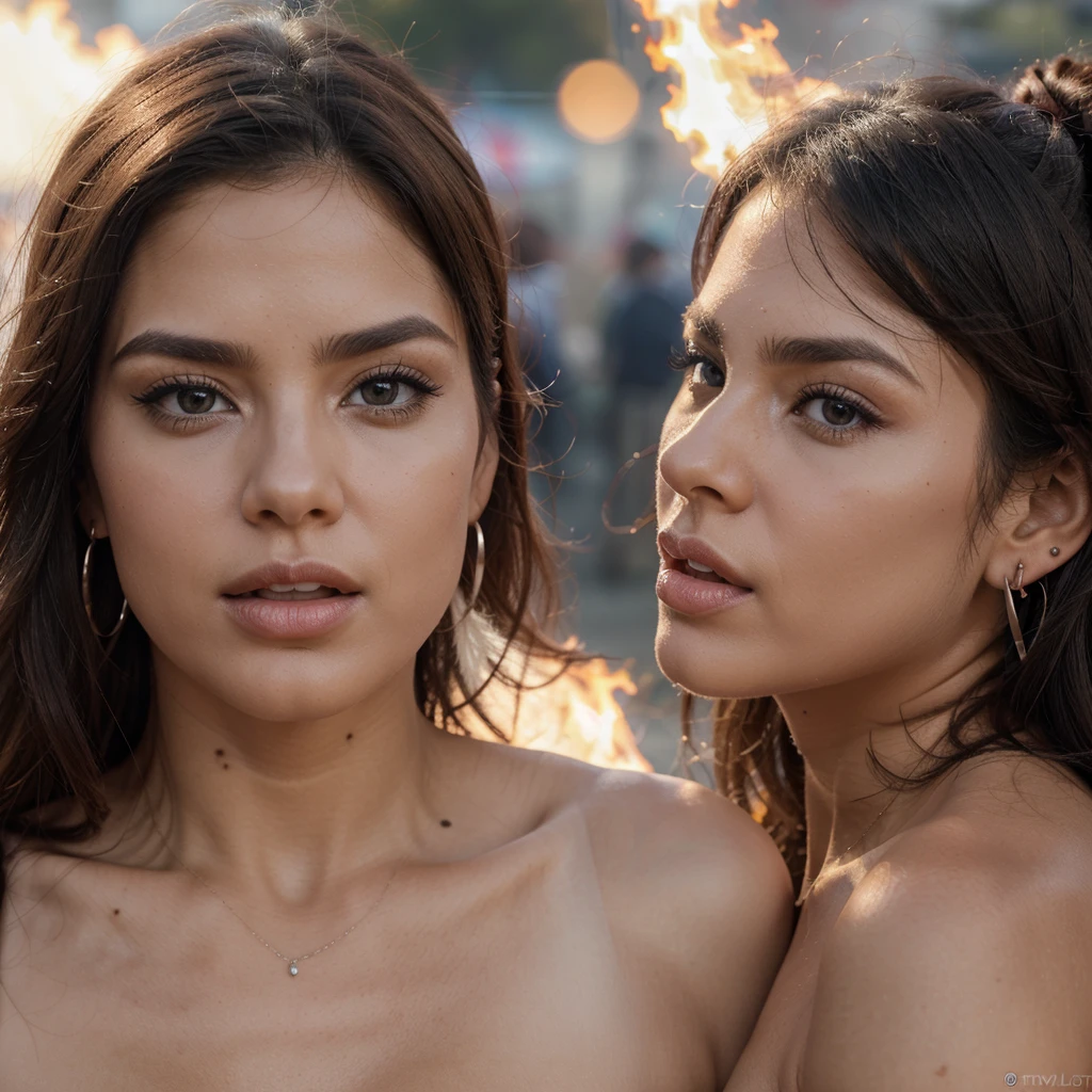 sexy boca, race, Open mouth, close up, Photo, sexy (Twins:1.1), by white, Open eyes, beating (face:1.1), side view, earrings, rock festival in the background, fire, explosion, sexy expression, blurred background
, 8K High Definition, high detail eyes, of the highest quality, fur texture, Masterpiece, Best Quality, perfect lighting, cinematic lighting, (sharp focus:1.2), HDR, beauty, ultra detailed, amazing, eos, fur_pores