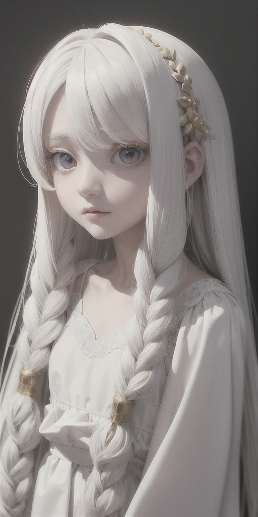 best quality, masterpiece,white hair, gold eyes,white clothes, looking up, upper body,hair strand,Fair skin,side braids