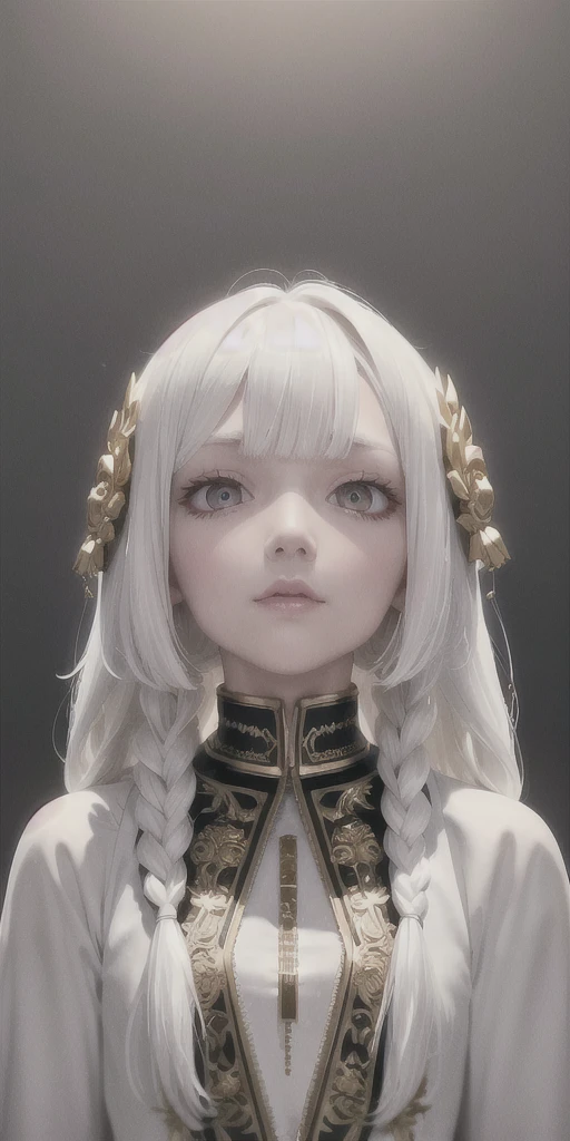 best quality, masterpiece,white hair, gold eyes,white clothes, looking up, upper body,hair strand,Fair skin,side braids