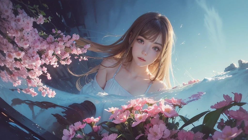 32k, Masterpiece, Highest quality, One girl, Detailed eyes, flower,Alstroemeria, Pink and light blue style,A dreamy, romantic piece,Pale yellow, Mysterious Leaves,A playful arrangement,Fantasy,High Contrast,Ink strokes,explosion,Exposure, Impression of pink and light blue tones,Abstract,((Watercolours by John Berkey and Jeremy Mann )) Brush strokes,Negative Space, Tyndall effect,