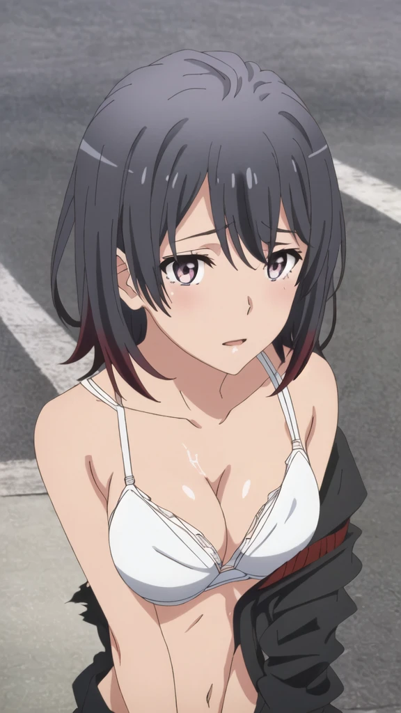 {Yukinoshita_Haruno_yahariorenoseishunlovecomewamachigatteiru:1.15},black hair, pink_eyes, , 1 girl,,alone, hair between eyes,(torn clothes,White , white bra:1.5),, bare shoulders,, cleavage,thighhighs,short hair, ((orgasm:1.5)) , beautiful light, half eye closed, close up face, beautiful upper body, Beautiful body, beautiful character design, perfect eyes, Perfect face, expressive eyes, looking at the viewer,(lie on road),in the center of the image, official art,High Definition CG Unity, Perfect lit, bright_front_face_lit, ,(Highest_quality:1.0),4K,Super detailed, photograph, 8K, nffsw, High resolution, absurdes:1.2, kodak portrait 400, film grain, Lens flare, (lively_Farbe:1.2) (beautiful,medium breasts:1.4), (beautiful_face:1.3),(narrow_waist),blush, ((detail nipple)),,