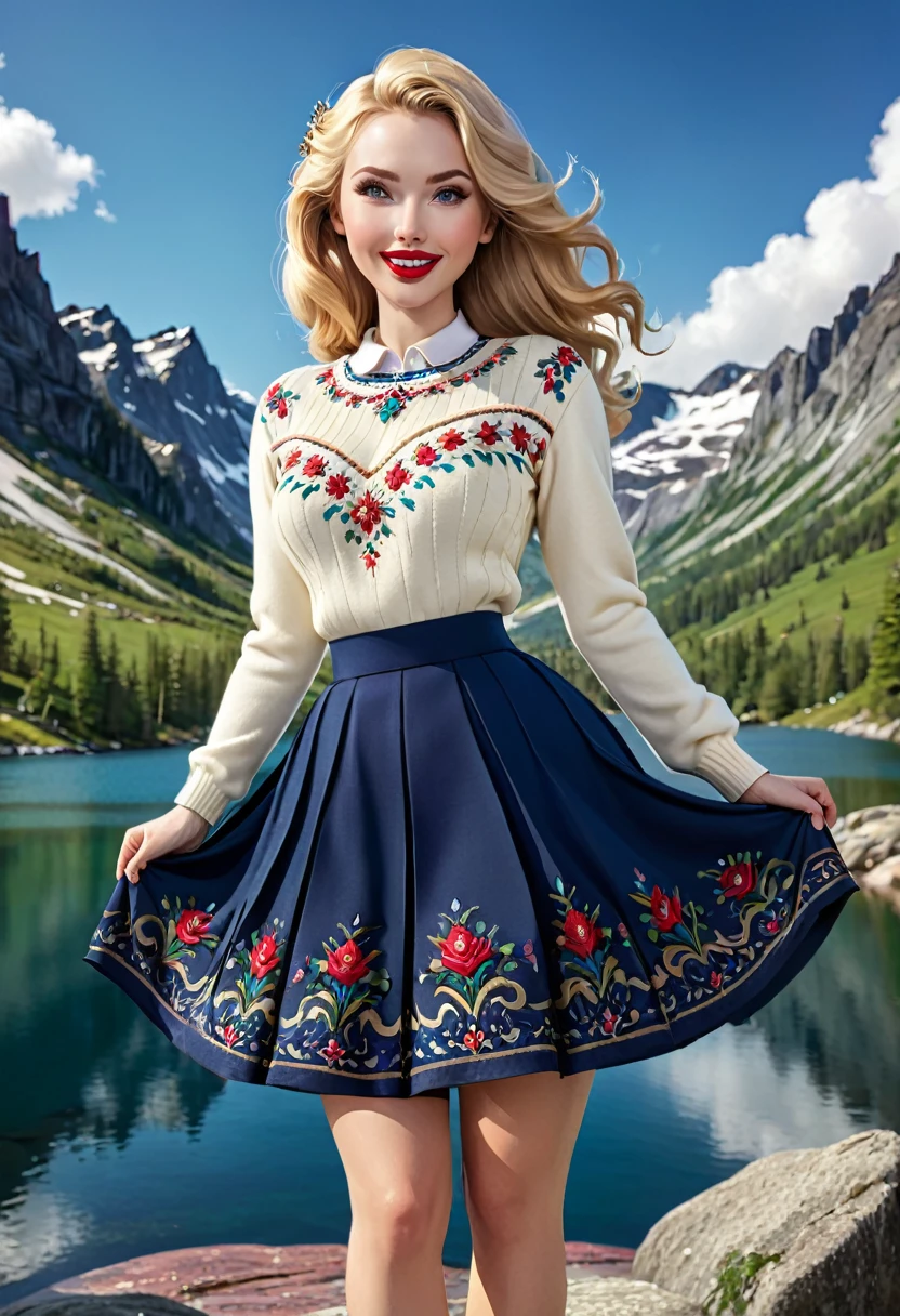1girl, Large blond Hair With Messy Strands, Pale Skin, Red Lipstick, Dress Covered With Intricate Wood Cut Patterns. Round full face, full features. Wide toothy smile, Dynamic Pose. Detailed Eyes, wide eyes, Standing On A Rock Overlooking A Mountain Valley With A Gorgeous Alpine Lake. Wearing A Black Knee Length Pleated Skirt With Blue Embroidery And A Traditional Norwegian Sweater Of Many Colors With Intricate Detailed Rosemaling Designs. Masterpiece, Best Quality, Detailed. Official Art, Award Winning Digital Painting, Digital Illustration, Extreme Detail, 4k, Ultra HD, Rococo, Polished, Intricate, Realistic Fantasy Art, Sharp Focus, Concept Art, Art By Wlop, Artgerm, 2d Vector Illustration. Beautiful Cute Face, Beautiful Female Lips, Charming Beauty, Kind Expression On Her Face, Seductively Looking At The Camera, Skin Color: White, Detailed Beautiful Female Eyes, Big Detailed Blue Eyes, Ideal Female Body Shapes, Beautiful Waist, Big Thighs, Subtle And Beautiful, Depth Of Field, Highly Detailed, Realistic, Professional Photo Session, Light, Airy, Hourglass Figure. Stunning Combo Of Hedy Lamarr, Olivia Munn And Molly Quinn.