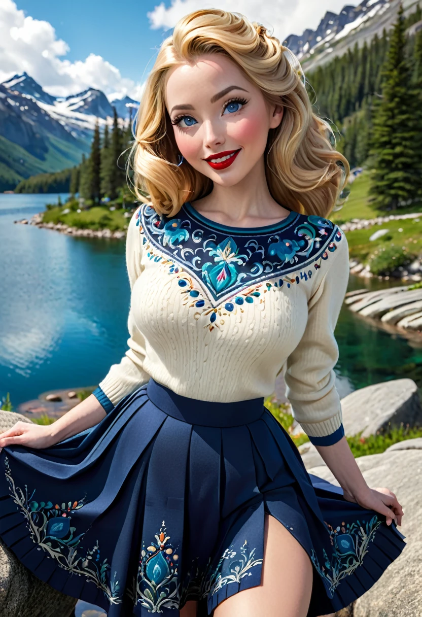 1girl, Large blond Hair With Messy Strands, Pale Skin, Red Lipstick, Dress Covered With Intricate Wood Cut Patterns. Round full face, full features. Wide toothy smile, Dynamic Pose. Detailed Eyes, wide eyes, Standing On A Rock Overlooking A Mountain Valley With A Gorgeous Alpine Lake. Wearing A Black Knee Length Pleated Skirt With Blue Embroidery And A Traditional Norwegian Sweater Of Many Colors With Intricate Detailed Rosemaling Designs. Masterpiece, Best Quality, Detailed. Official Art, Award Winning Digital Painting, Digital Illustration, Extreme Detail, 4k, Ultra HD, Rococo, Polished, Intricate, Realistic Fantasy Art, Sharp Focus, Concept Art, Art By Wlop, Artgerm, 2d Vector Illustration. Beautiful Cute Face, Beautiful Female Lips, Charming Beauty, Kind Expression On Her Face, Seductively Looking At The Camera, Skin Color: White, Detailed Beautiful Female Eyes, Big Detailed Blue Eyes, Ideal Female Body Shapes, Beautiful Waist, Big Thighs, Subtle And Beautiful, Depth Of Field, Highly Detailed, Realistic, Professional Photo Session, Light, Airy, Hourglass Figure. Stunning Combo Of Hedy Lamarr, Olivia Munn And Molly Quinn.
