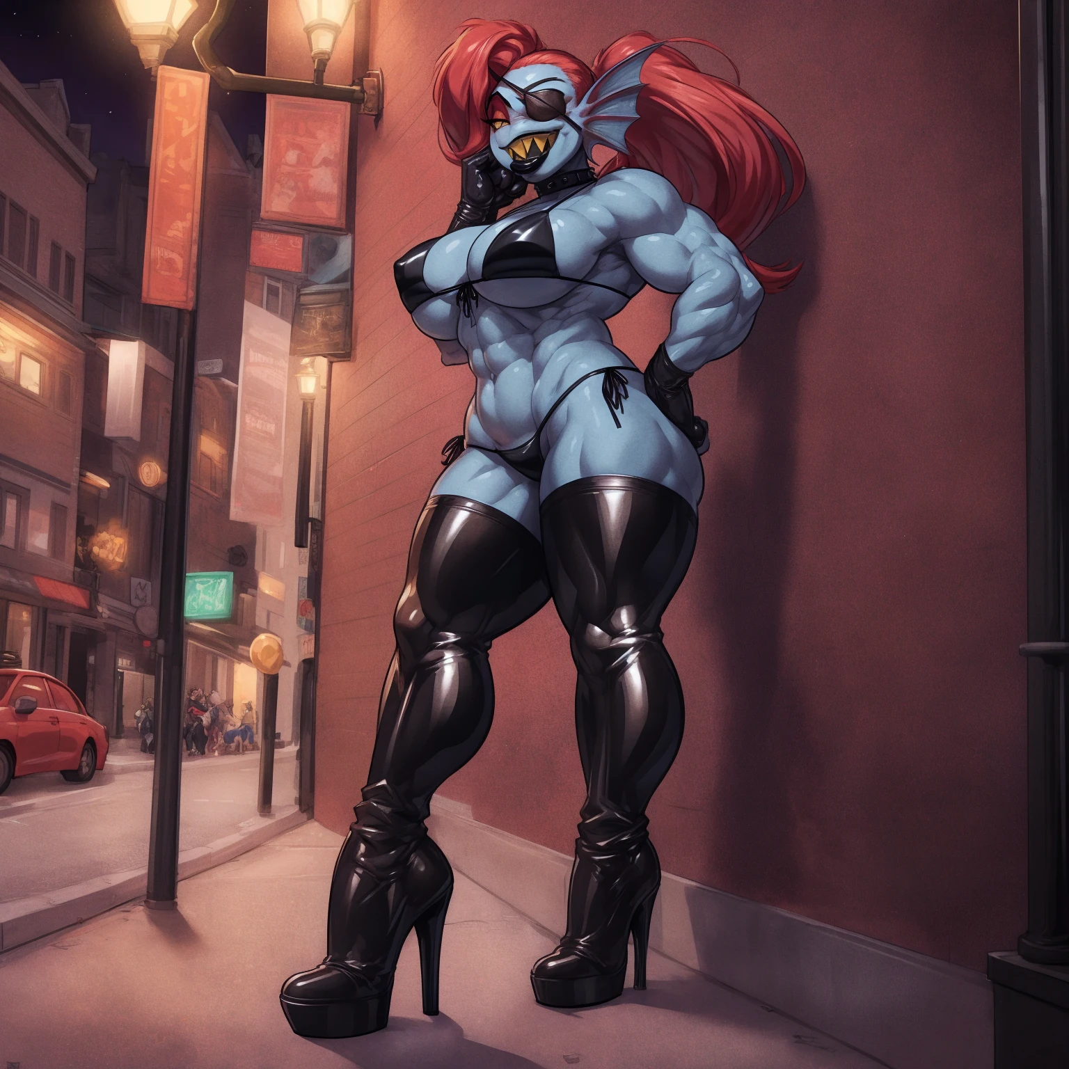 solo, 1girl, undyne, blue skin, female, (big bottom lip:1.3), (black lip gloss:1.3), black leather collar, blue eyeshadow, (black latex bikini:1.6), (nipple outline:0.9), (black heels:1.4), (street corner:1.4), sexy pose, late night, street light, standing upright, very tall, yellow teeth, sharp teeth, laughing, black eye patch, looking at viewer, by darkgem, by wfa, by BNG,