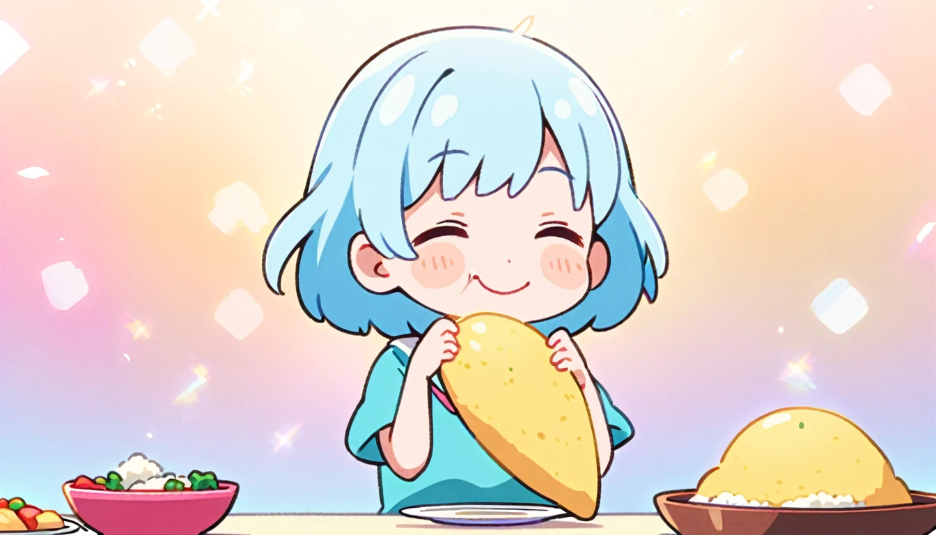 1 female, Light blue hair, short hair、Happy,cute, animation style, kawaii, clearly, bubblegum pop, cute、Pink and light blue as main colors、eating omelet rice、Anime Style、colorful、Pop、