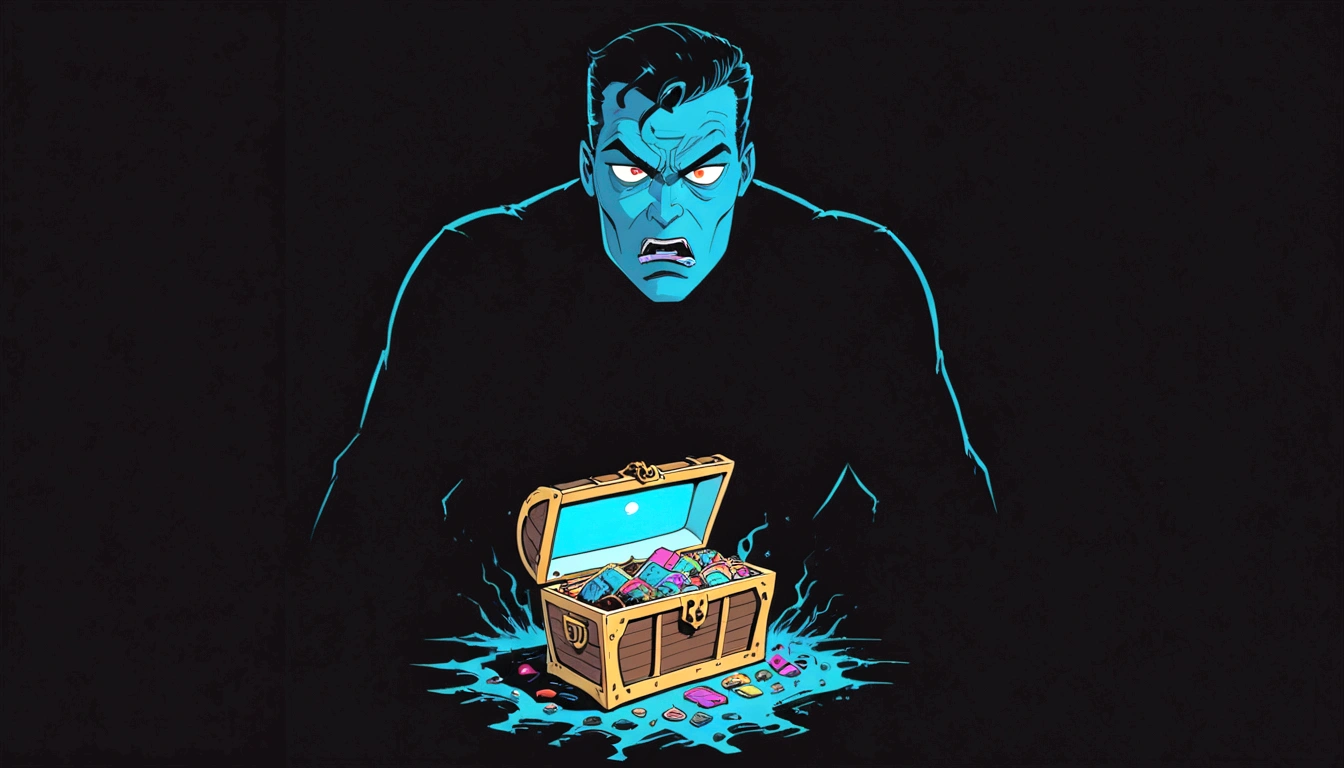 Monster shape shifting, insatiable inanimate object treasure chest, VHS, glitch, distorted, nostalgia, 90's retro vibes, analog tape, vcr aesthetics, tv, television, 1990's cartoon homage), comic 1990's, animated tv show screengrab, cinematic poster, image within image, multiple exposure, massive scale, rich color grading for shading depth, hand drawn rotoscope cartoon realism, chiaroscuro lighting, mixed media, vintage comic, retro original design, 1990's comic, sense of movement energy,