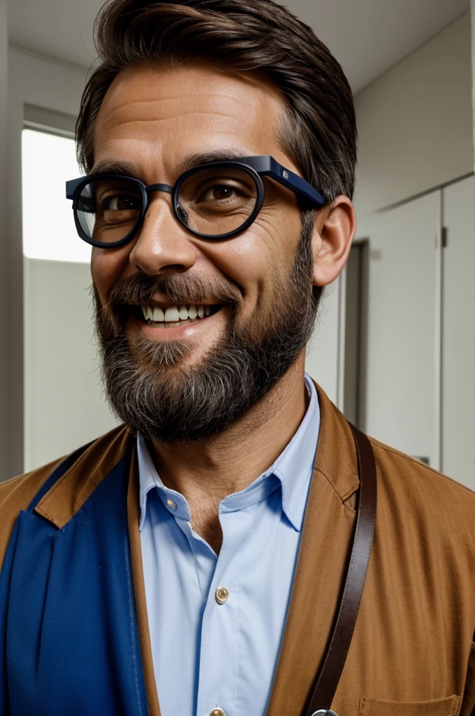 Forty-six year old man dressed as a doctor and wearing googles with a smile. Brown hair and a little beard
