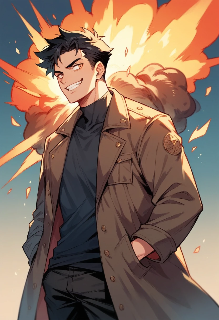 Black hair boy with overcoat,hand in pockets,evil smile,looking for a big explosion.