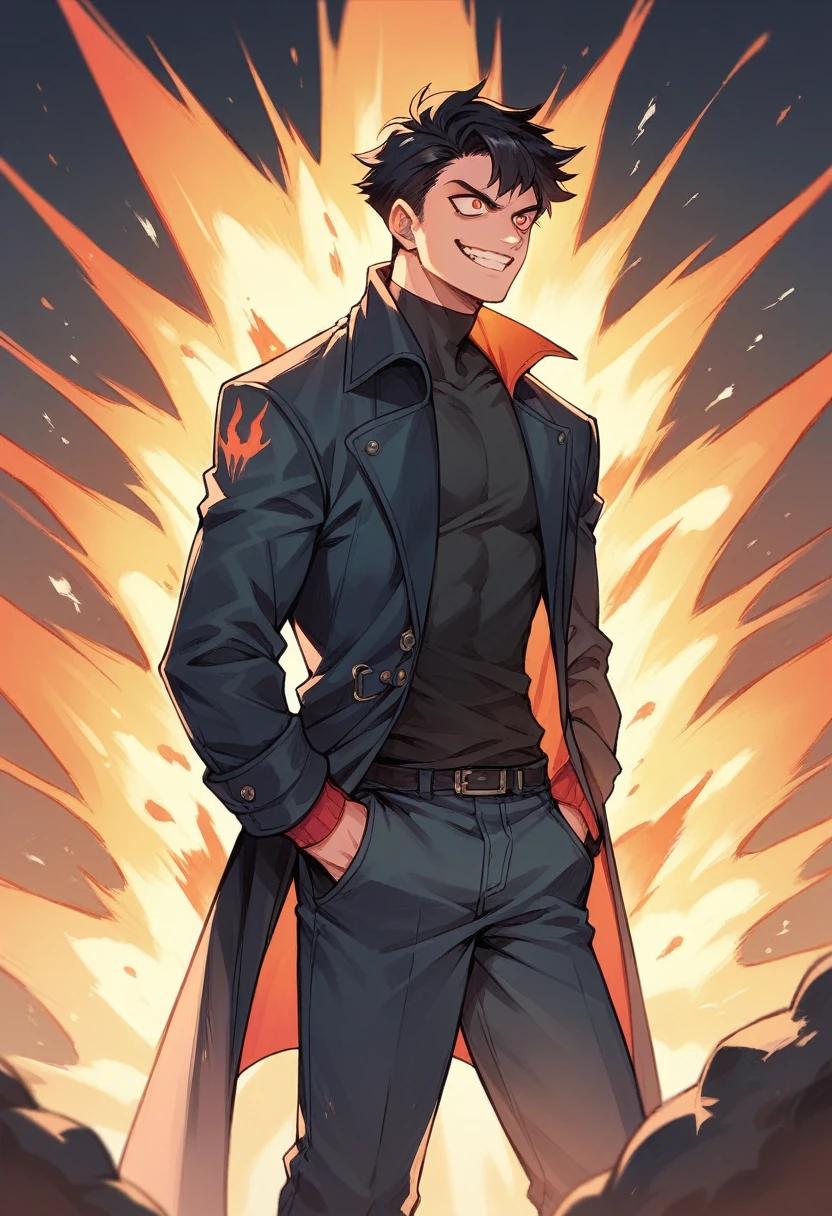 Black hair boy with overcoat,hand in pockets,evil smile,looking for a big explosion.