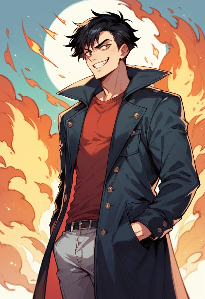 Black hair boy with overcoat,hand in pockets,evil smile,looking for a big explosion.