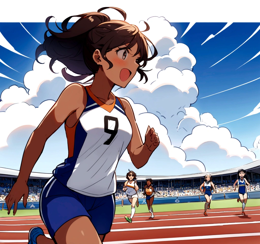 A dark-haired female athlete is running on the track,A tense race,The following runners also catch up,Midsummer Day,There are cumulonimbus clouds,A scene that radiates the tension and excitement of a high-level competition in the world of athletics,Wearing a competition uniform and bib number,Capture a decisive moment from in front of the goal,White funiform and navy blue shorts,A large audience also watches,