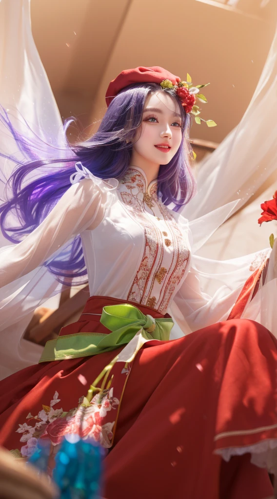 A woman in a red and white dress, red hat, beautiful detailed eyes, beautiful detailed lips, extremely detailed face, smile, long eyelashes, elegant pose, standing in a lush garden, vibrant colors, cinematic lighting, highly detailed, 4k, photorealistic, masterpiece