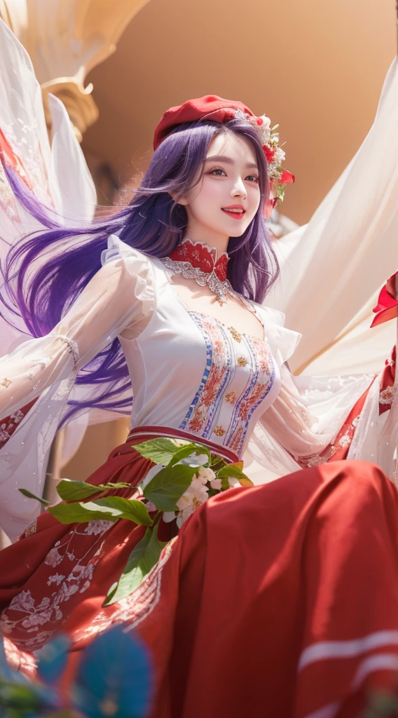 A woman in a red and white dress, red hat, beautiful detailed eyes, beautiful detailed lips, extremely detailed face, smile, long eyelashes, elegant pose, standing in a lush garden, vibrant colors, cinematic lighting, highly detailed, 4k, photorealistic, masterpiece