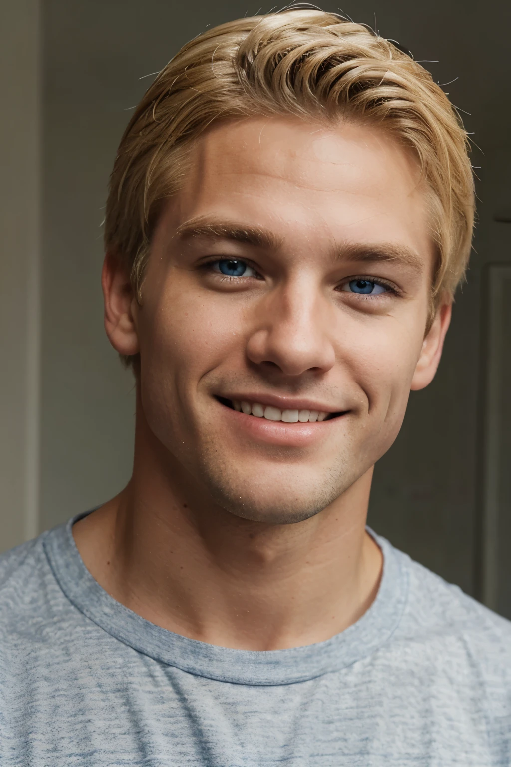 white male, smiling, muscular, blonde hair, blue eyes, clothed