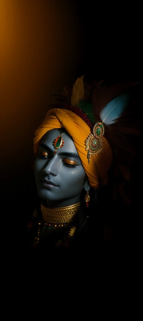 a close up of a person with a feather on their head, indian god, attractive male deity, color photograph portrait 4k, coy expression wearing intricate, an exhausted deity, serene expression, regal and menacing visage, his head covered in jewels, a stunning portrait of a goddess, peaceful expression, portrait of a beautiful goddess, closeup portrait shot, stylish deity
