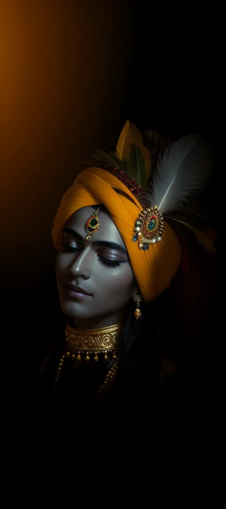 a close up of a person with a feather on their head, indian god, attractive male deity, color photograph portrait 4k, coy expression wearing intricate, an exhausted deity, serene expression, regal and menacing visage, his head covered in jewels, a stunning portrait of a goddess, peaceful expression, portrait of a beautiful goddess, closeup portrait shot, stylish deity