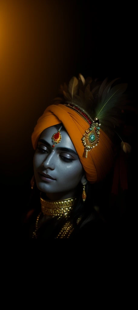 a close up of a person with a feather on their head, indian god, attractive male deity, color photograph portrait 4k, coy expression wearing intricate, an exhausted deity, serene expression, regal and menacing visage, his head covered in jewels, a stunning portrait of a goddess, peaceful expression, portrait of a beautiful goddess, closeup portrait shot, stylish deity