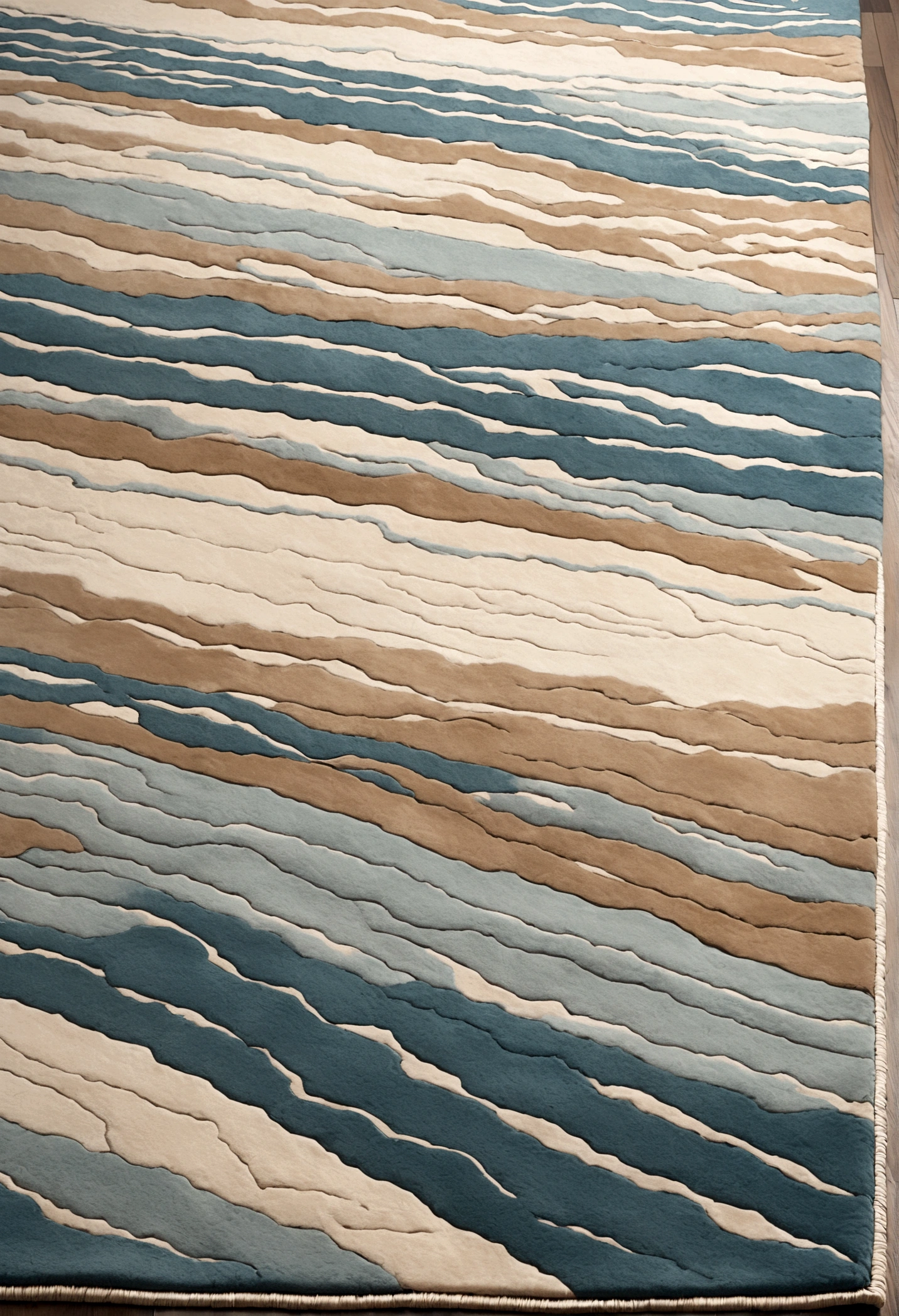 Deep and moody mineral-inspired hues and striking urban style meld together to define the Aireloom collection. The Intarsia rug features splashes of ivory, cerulean blue, tones of gray, and tan in a mottled abstract design.