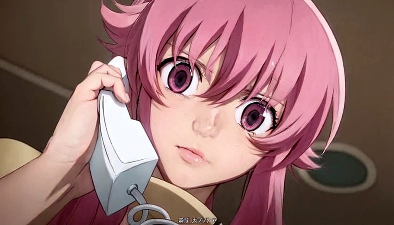 Anime girl with pink hair and realistic pink eyes talking on cell phone., Mirai Nikki, Chica anime realista llamada Gasai Yuno, realistic nose realistic pink eyes, Gasai Yuno, closeup of another iwakura, Gasai Yuno, Gasai Yuno, she has a nice expressive face, Gasai Yuno, screenshot from a 2012 anime, in the anime movie, scene!!, Shocking