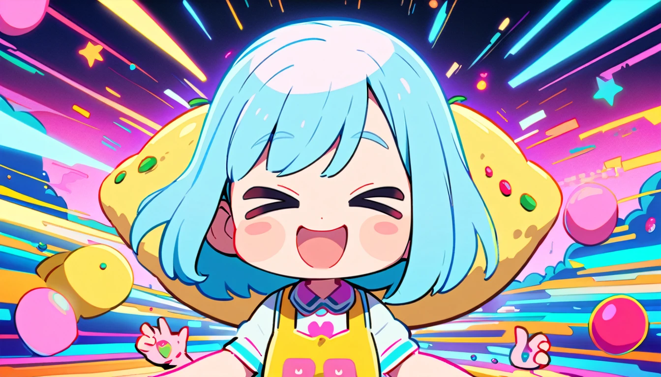1 female, Light blue hair,　short hair、Happy,cute, animation style, kawaii, clearly, bubblegum pop, cute、Pink and light blue as main colors、eating omelet rice、Anime Style、colorful、Pop、colorful cyberpunk, 