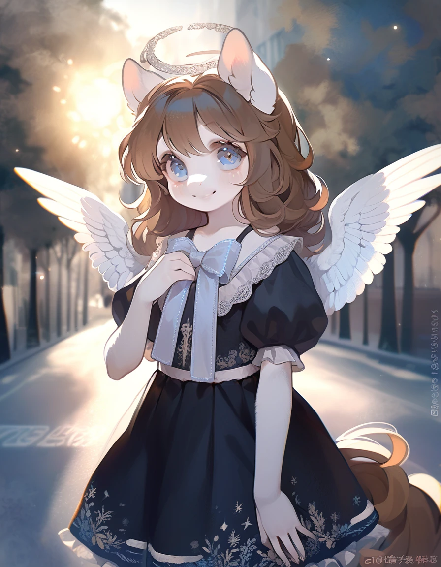 1 girl, CuteStyle, upper body, angel wings, furry, pony furry, blue eyes, white fur, brown mane, long mane, Dressed in a black dress, looks at the viewer, smile, on the street, trees, rays of the sun, detailed, beautiful, delicate tones