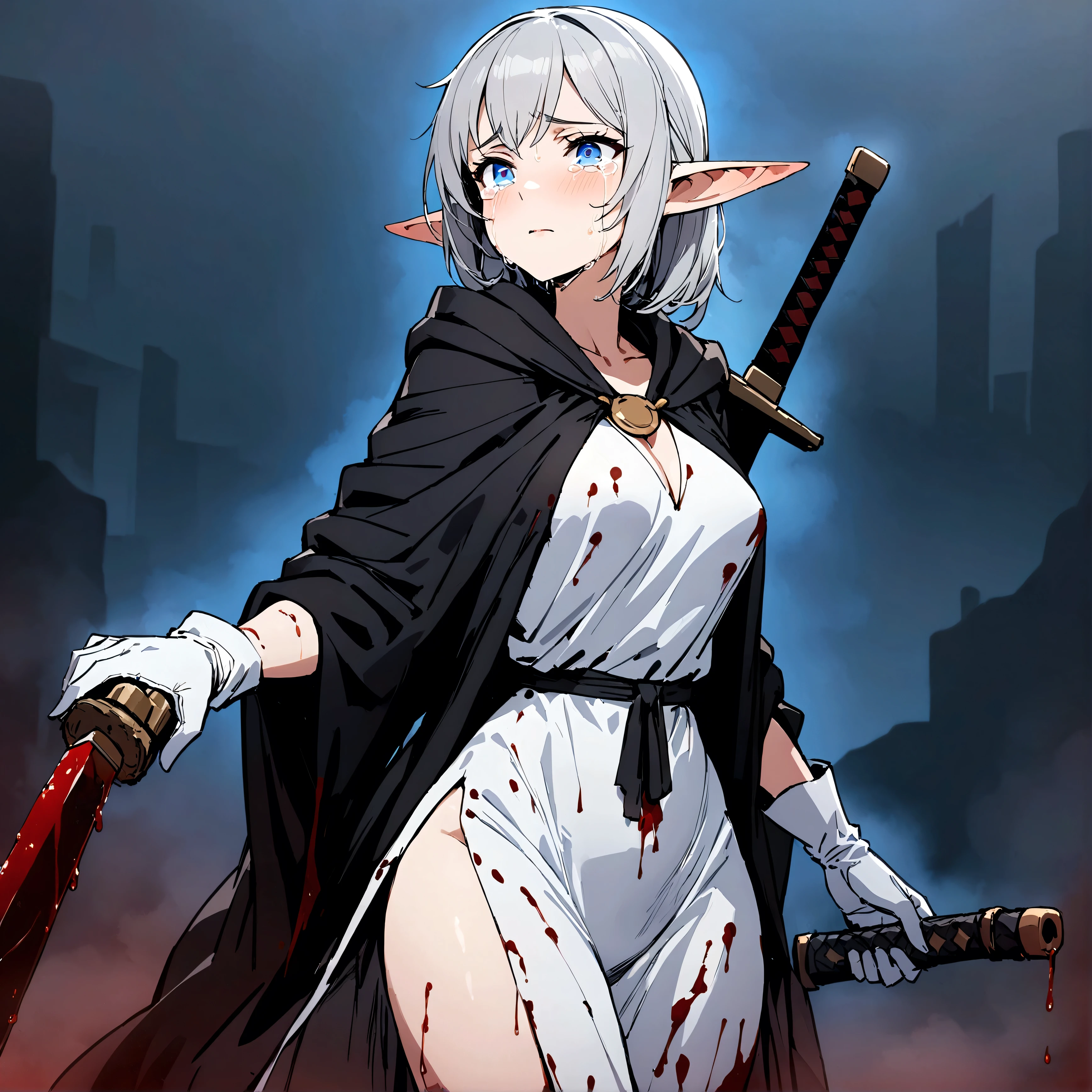 High quality, 4k, hd, grey hair, female, holding a gun with rounds, glowing blue eyes, black monk robe outfit, masterpiece, grim background, 1 girl, blood drenched clothes, sword on her back, steam coming out of eyes, elf ears, in hell background, all white gloves, crying blood