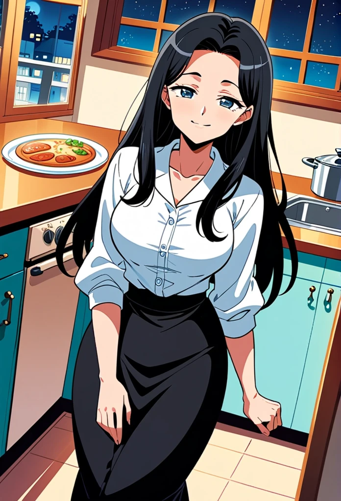 detailed illustration (side view),dynamic angle,ultra-detailed, illustration, pose for the camera, smiling at viewer, clean line art, shading, anime, 2020’s anime style, detailed eyes, detailed face, beautiful face,
Anime, 2d anime, cartoon anime, detailed illustration, dynamic angle, ultra-detailed, illustration, full body shot, 1girl, night time, 1950’s stay at home wife, button up blouse and long skirt, anime half closed eyes. A knowing smile, standing in kitchen, domestic goddess, long black hair, hair down, white American woman, well endowed, wholesome yet sexy, motherly, nurturing, MILF, button up blouse, long skirt