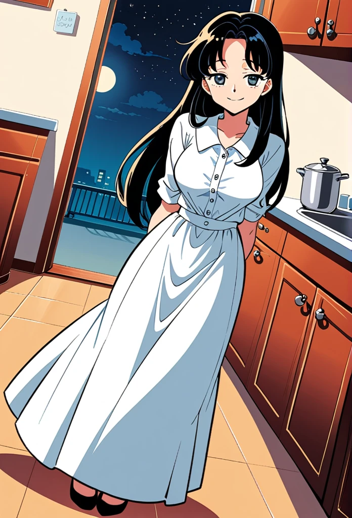 detailed illustration (side view),dynamic angle,ultra-detailed, illustration, pose for the camera, smiling at viewer, clean line art, shading, anime, 2020’s anime style, detailed eyes, detailed face, beautiful face,
Anime, 2d anime, cartoon anime, detailed illustration, dynamic angle, ultra-detailed, illustration, full body shot, 1girl, night time, 1950’s stay at home wife, button up blouse and long skirt, anime half closed eyes. A knowing smile, standing in kitchen, domestic goddess, long black hair, hair down, white American woman, well endowed, wholesome yet sexy, motherly, nurturing, MILF, button up blouse, long skirt