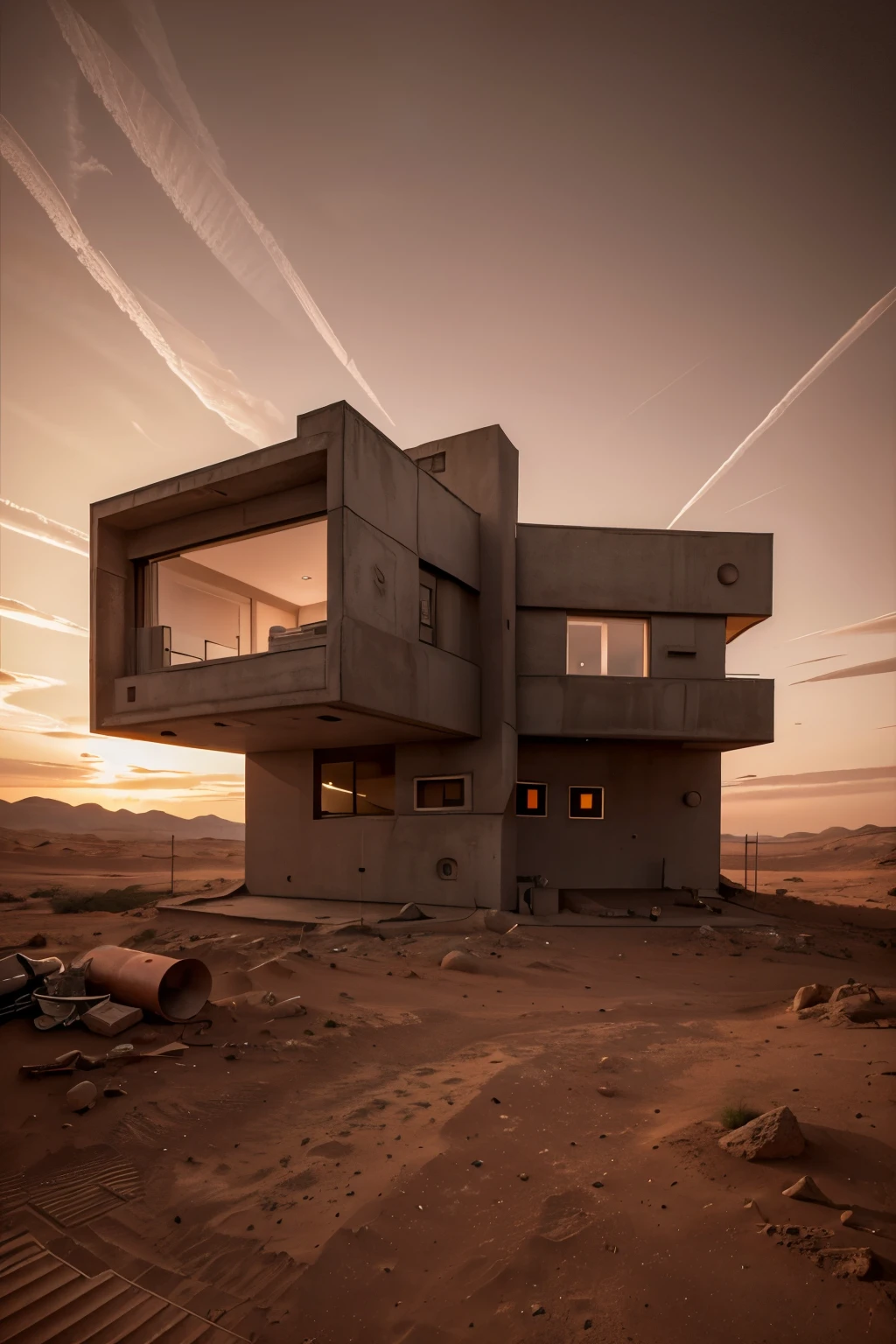 A modern house on mars with red sky and brutalist style of architecture