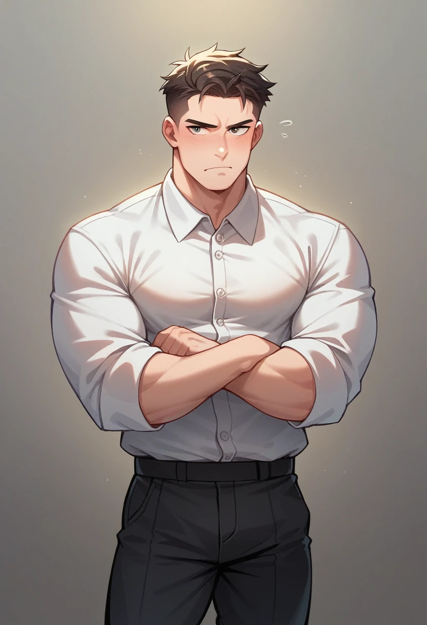 male, ager, 22 years old, weight 60 kg, thin, handsome face, white skin, wearing a black formal shirt, a president, his hands folded, his gaze serious
