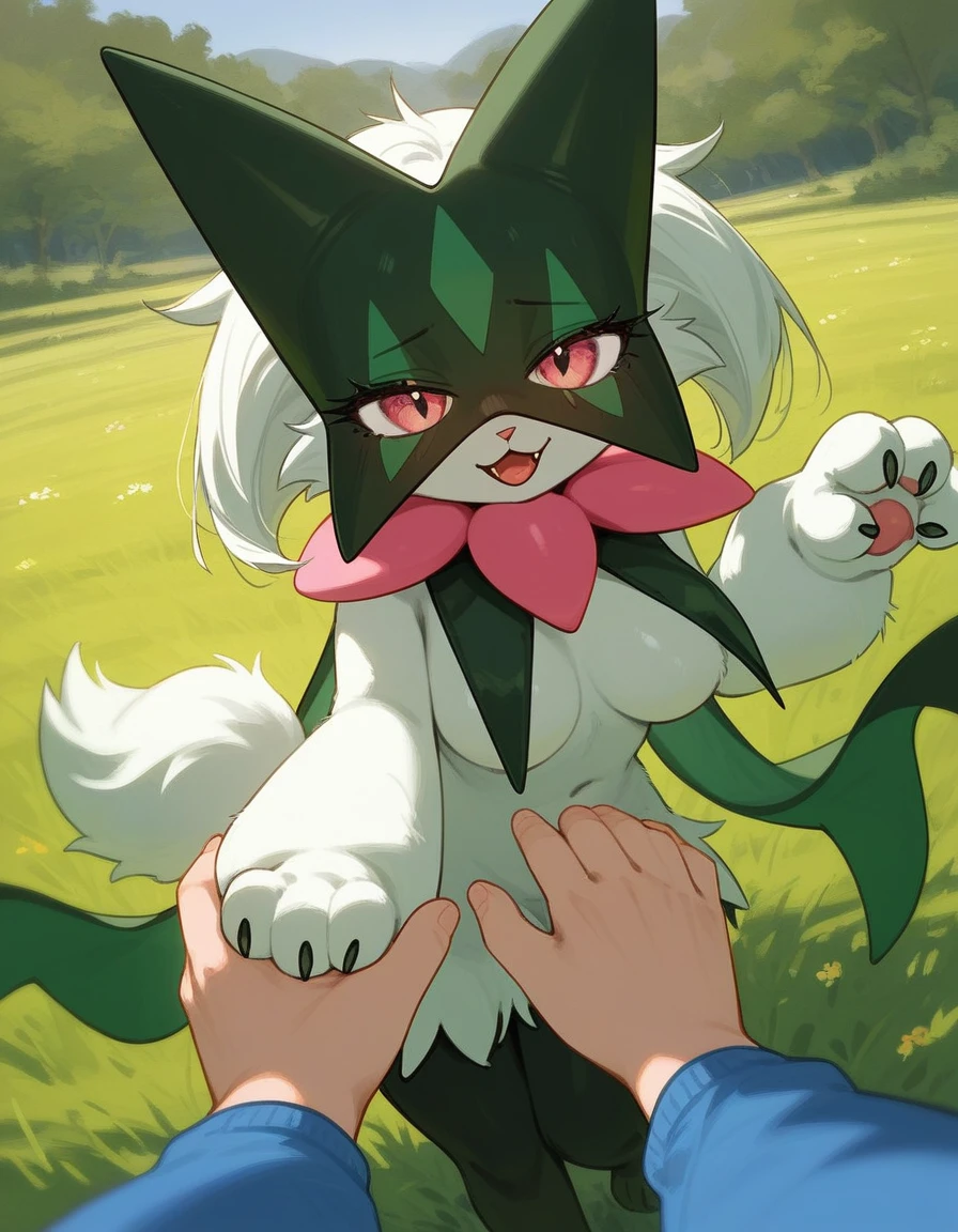 score_9,score_8_up,score_7_up, source_furry, meowscarada from Pokemon, tall slender body, furry body, eyes half open, medium breasts, :3, mouth open, bashful pose, walking away from viewer, outdoors on a grassy field, pov, pov hand holding, she is leading viewer, rear view