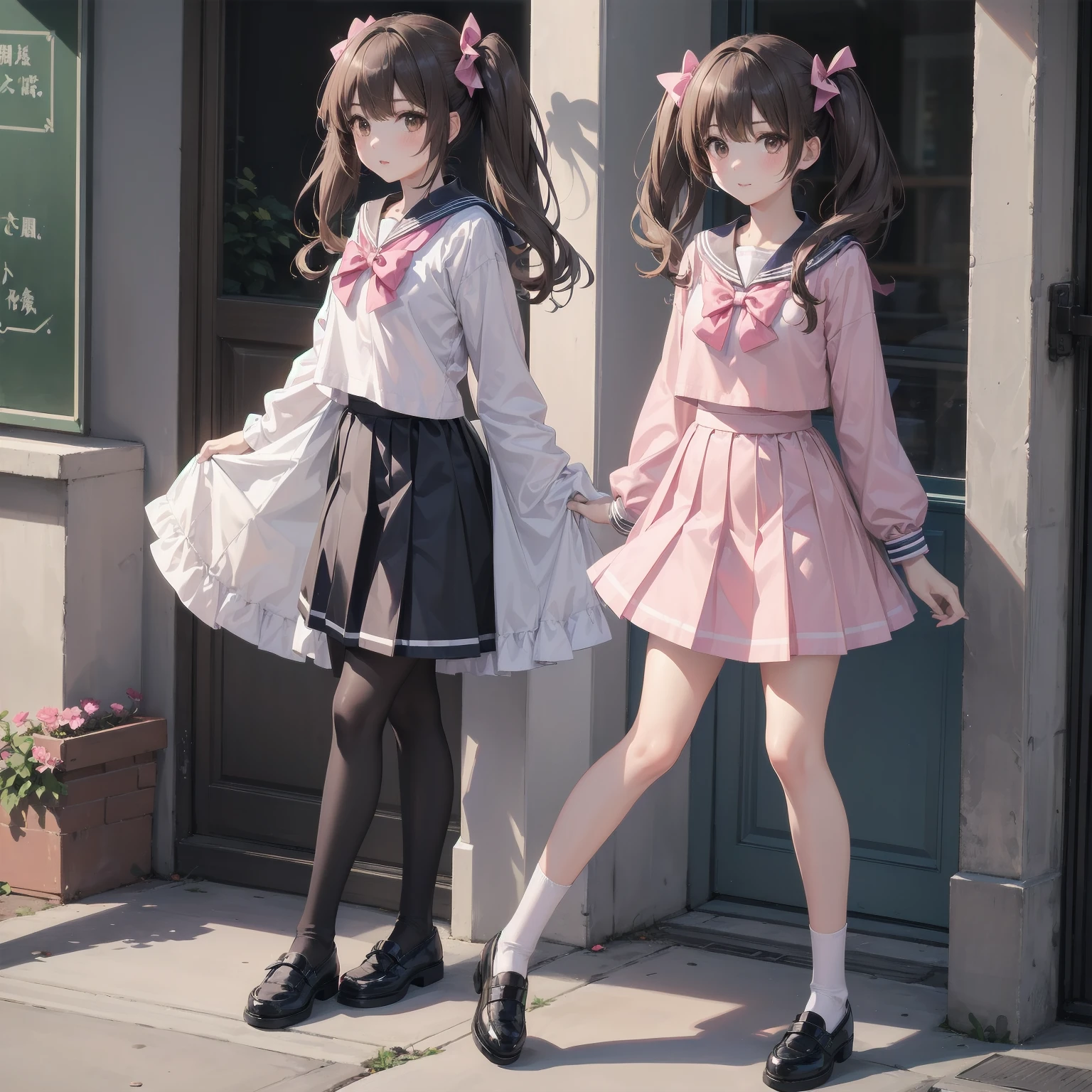 One girl, alone, View your viewers, skirt, Brown Hair, shirt, Long sleeve, bow, Twin tails, Brown eyes, , whole body, shoes, shoes下, Sailor collar, Black footwear, Twin Blade, Cosplay, blue bow, white shoes下, pink skirt, Photo Background, pink Sailor collar