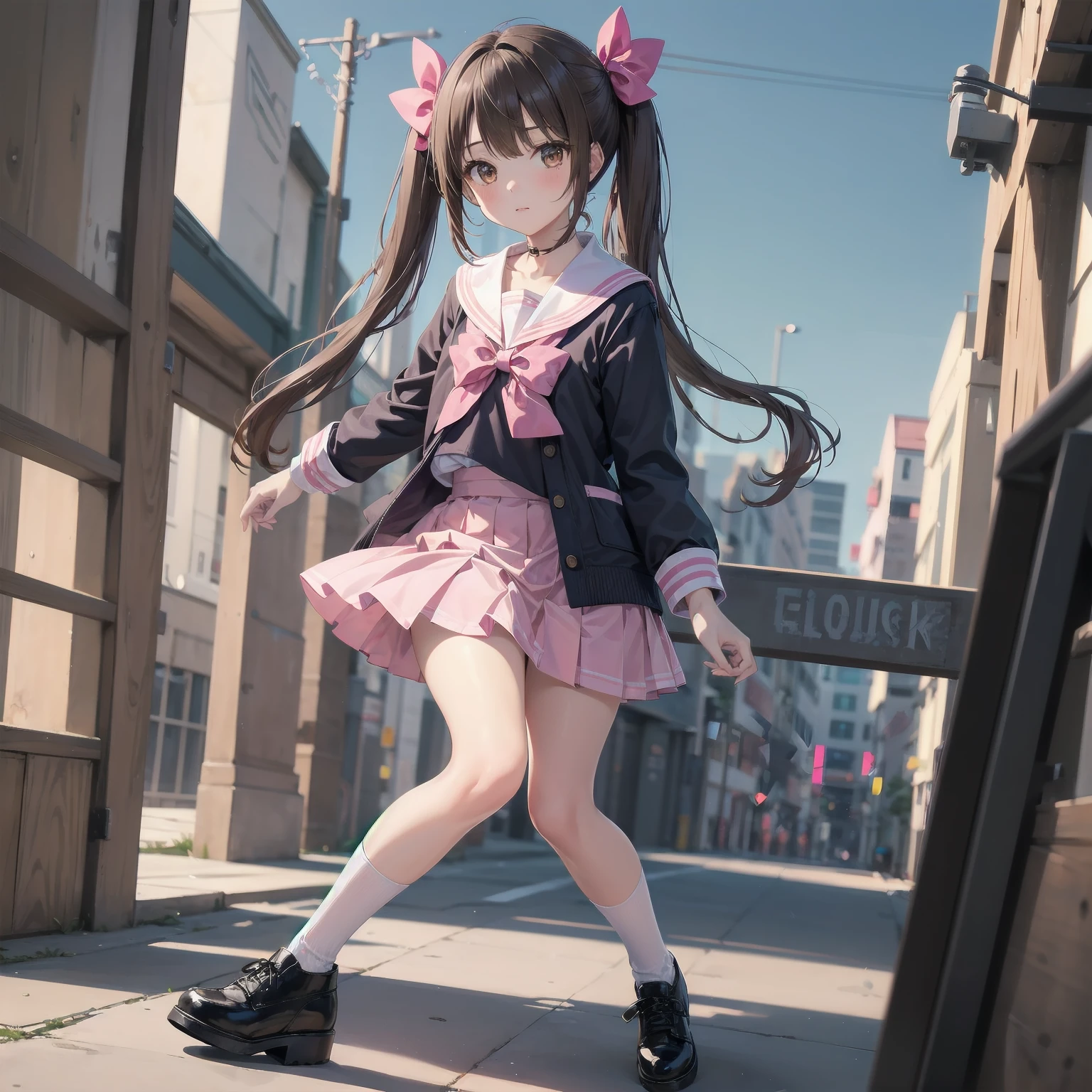One girl, alone, View your viewers, skirt, Brown Hair, shirt, Long sleeve, bow, Twin tails, Brown eyes, , whole body, shoes, shoes下, Sailor collar, Black footwear, Twin Blade, Cosplay, blue bow, white shoes下, pink skirt, Photo Background, pink Sailor collar