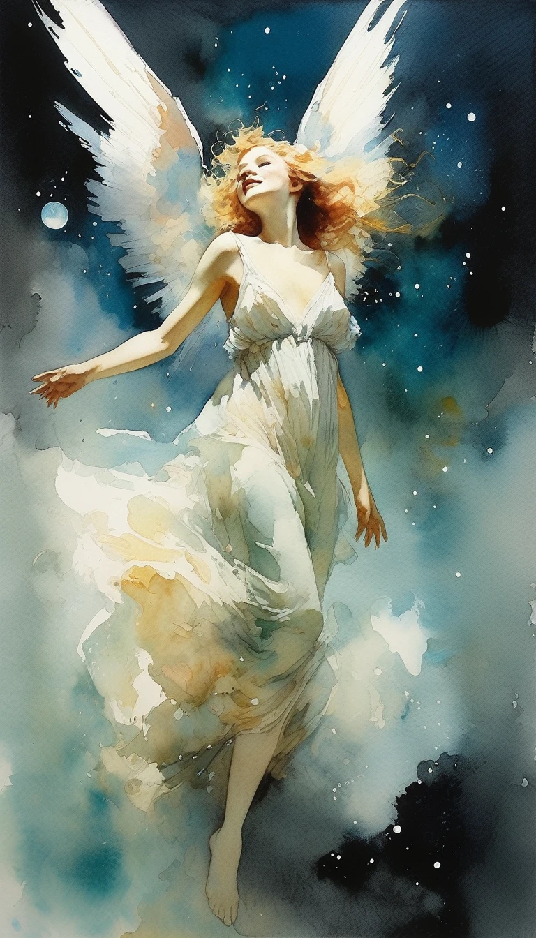 Watercolor,Angel laughing, Magical fairy tale,, Deep space sky, style (Jeremy Mann, Louis Icart, Valentin Serov, makoto kobayashi, Karol Buck)
