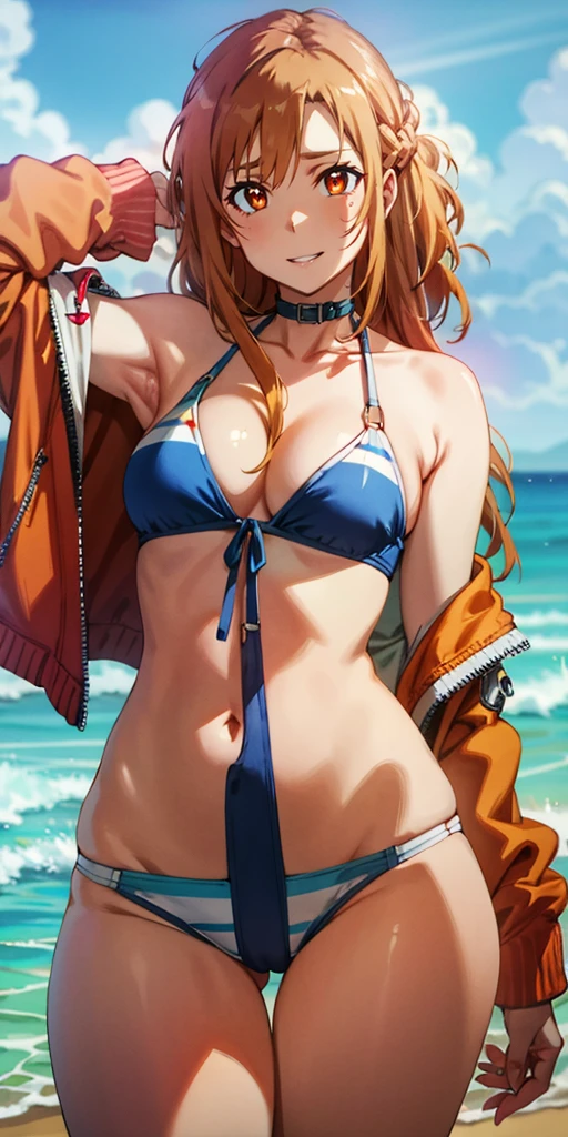 orange hair, fold, braid, long hair, orange eyes, 1girl,swimsuit, jacket, red_jacket, breasts, bikini, navel, ass_visible_through_thighs, looking_at_viewer, o-ring, sky, choker, thigh_gap, outdoors, solo, cloud, day, collarbone, multi-strapped_bikini, black_bikini, bare_shoulders, open_jacket, open_clothes, off_shoulder, cowboy_shot, black_choker, blue_sky, ocean, cleavage, skindentation, lips, medium_breasts, water, stomach, beach, track_jacket, glow effects, godrays, Hand drawn, render, 8k, octane render, cinema 4d, blender, dark, atmospheric 4k ultra detailed, cinematic, Sharp focus, big depth of field, Masterpiece, colors, 3d octane render, 4k, concept art, trending on artstation, hyperrealistic, Vivid colors, extremely detailed CG unity 8k wallpaper, trending on CGSociety, Intricate, High Detail, dramatic, steaming face, steaming, 