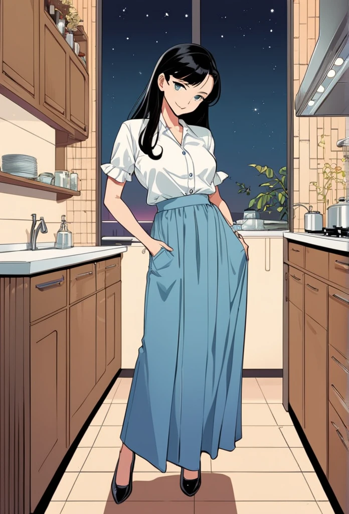 detailed illustration (side view),dynamic angle,ultra-detailed, illustration, pose for the camera, smiling at viewer, clean line art, shading, anime, 2020’s anime style, detailed eyes, detailed face, beautiful face,
Anime, 2d anime, cartoon anime, detailed illustration, dynamic angle, ultra-detailed, illustration, full body shot, 1girl, night time, 1950’s stay at home wife, button up blouse and long skirt, anime half closed eyes. A knowing smile, standing in kitchen, domestic goddess, long black hair, hair down, white American woman, well endowed, wholesome yet sexy, motherly, nurturing, MILF, button up blouse, long skirt